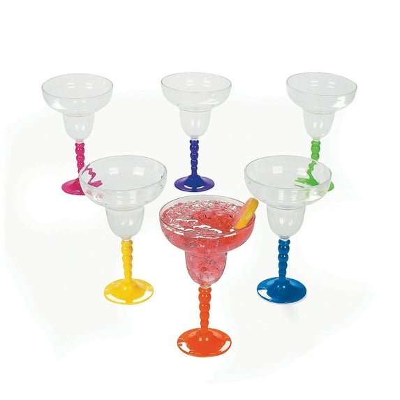 Fun Express Party Supplies 12 oz Festive Assorted Plastic Disposable Margarita Glasses, Set of 12