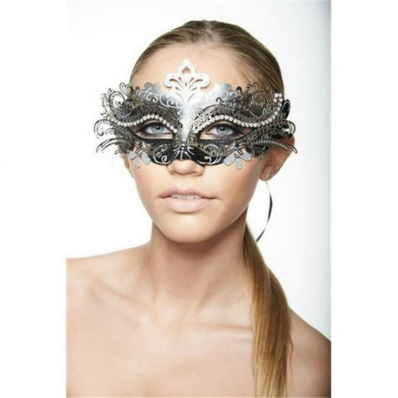 Plastic Mask with Silver Metal Eye Piece & Clear Rhinestones, Black & Silver