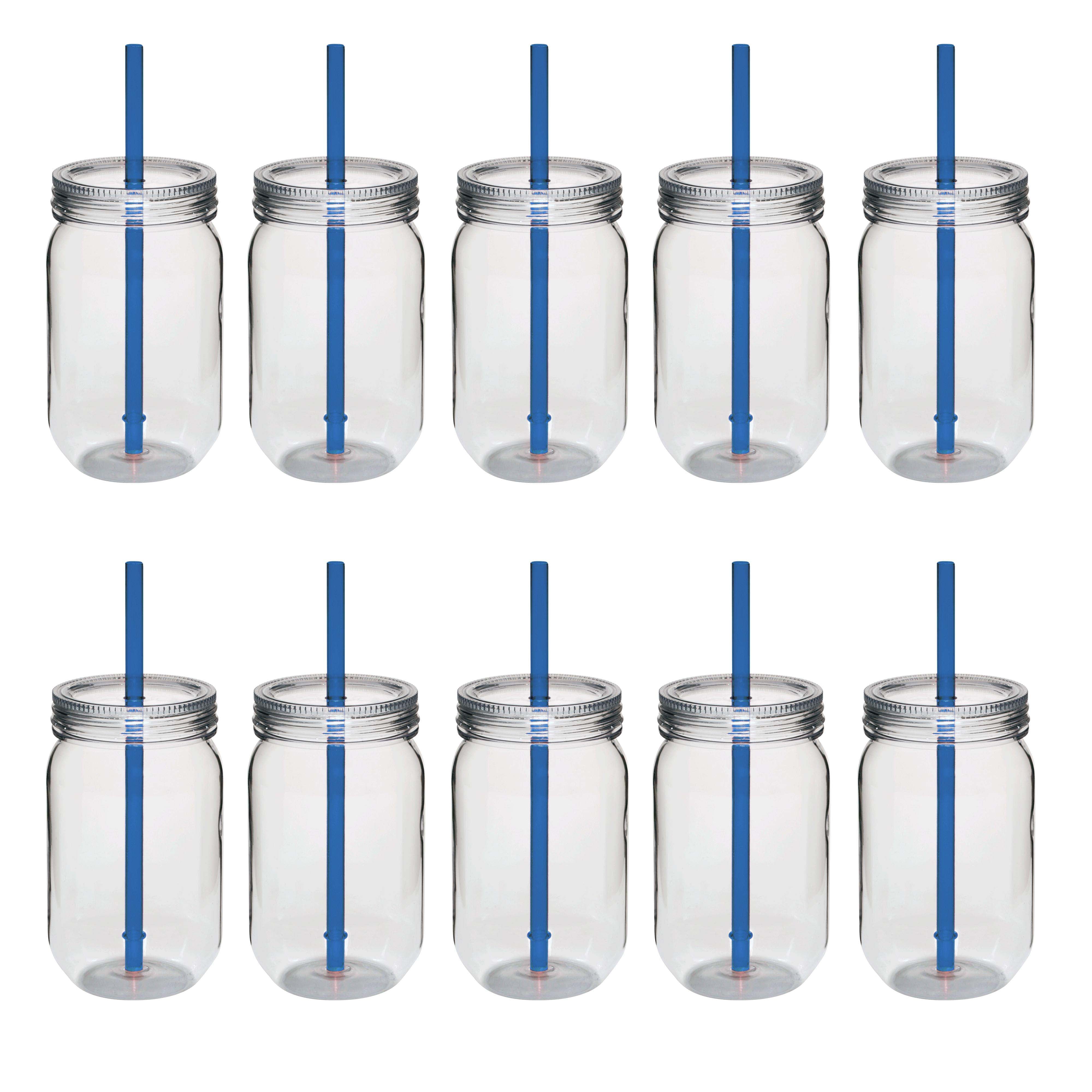 Mason Jar, with Straw & Lid, Blue, Glass, 450 mL - Market 99