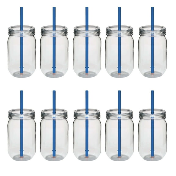 Plastic Mason Jars with Straw Set 24 oz. Set of 10, Bulk Pack - Jars for Overnight Oats, Candies, Fruits, Pickles, Spices, Beverages - Blue