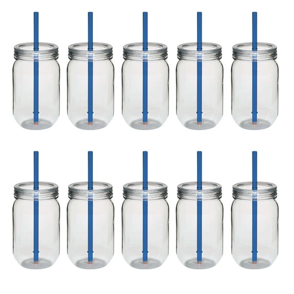 Plastic Mason Jars with Straw Set 24 oz. Set of 10, Bulk Pack - Jars for Overnight Oats, Candies, Fruits, Pickles, Spices, Beverages - Blue