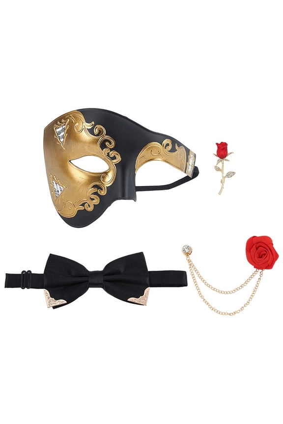 Plastic Masquerade Masks Half Face Mask with Polyester Alloy Ties Polyester Rose Flower Hanging Chain Brooch Rose Alloy Enamel Brooches