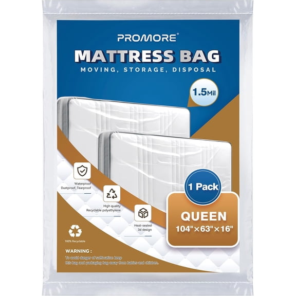 Plastic Mattress Bag for Disposal Moving and Storage, Waterproof Mattress Protector Covers - Queen Size (1.5Mil)
