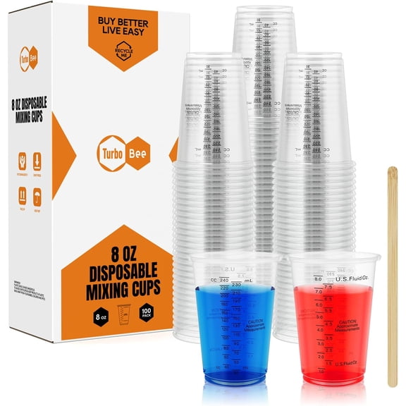 Plastic Measuring Cups 8OZ,100 PACK Disposable Mixing Cups with 100 Mixing Sticks,Paint Graduated Measuring Tumblers for Epoxy Resin, Paint Mixing, Art DIY