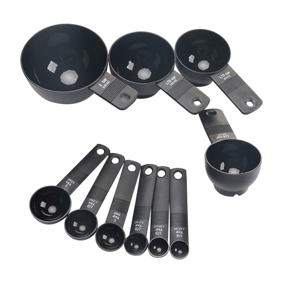 Plastic Measuring Cups and Spoons Set - 10 Pcs Black Kitchen Measuring Tool, Engraved Metric/US Markings Stackable Silicone Measure Cup for Liquid & Dry Measuring, Cooking & Baking, Black