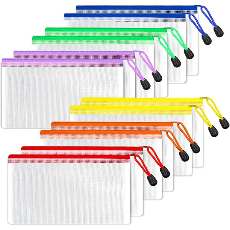 Plastic Mesh Zipper Pouch 4x9 in A6 Size 12 Pcs Extra Large Water Resistant Zip Bag for School Office Supplies Puzzles Games Organizing Storage