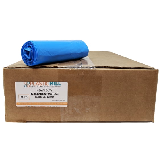 Plastic Mill 12-16 Gallon Blue Garbage Bag,1.2 MIL,24x31,250/Case