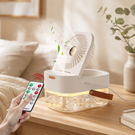 Plastic Mini Cooler Fan with Humidifier, Remote, 3 Speeds, Night Light, Plug-In Portable for Office and Bedroom White