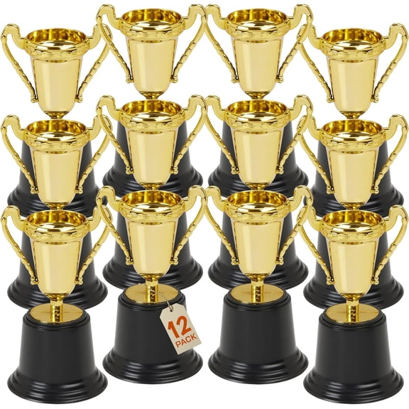 Plastic Mini Trophies - 12PK - 5 Inch - Gold Cups Participation Award, Sports Galore, Winning Prizes Props, Victory Vibes, Champion, Sports