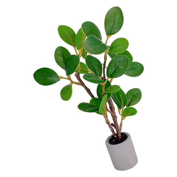 Plastic Miniature Faux Plant in a Gray Cylindrical Pot for Small Room Layouts, Model Displays, and Tabletop Arrangements