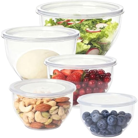 Plastic Mixing Bowls with Lids Set for Kitchen, Nesting Mixing, Baking, Prepping, Cooking and Serving Food, Dishwasher, Microwave Safe (Clear)