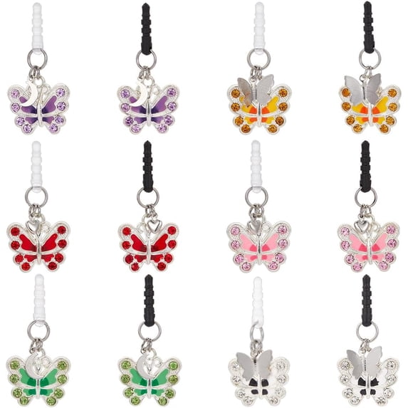 Plastic Mobile Dustproof Plugs with Alloy Enamel Butterfly Pendants Mixed Color 4.5cm 12pcs/set