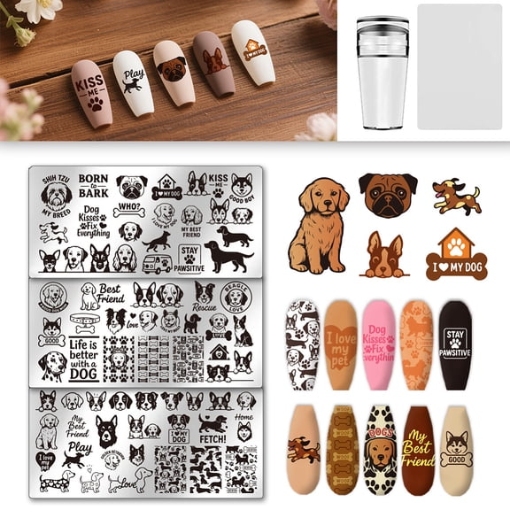 Plastic Nail Art Image Templates with Silicone Seal Stamp Scraper with Stainless Steel DIY Nail Art Templates Template Tool Dog 6.3x3.15cm