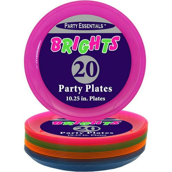 party essentials hard plastic 10.25-inch party/dinner plates, assorted neon, 20-count