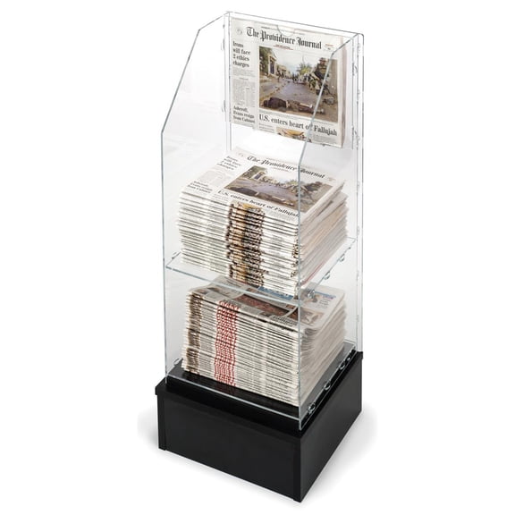 Plastic Newspaper Display Rack with Hard Black Base for Floor Use, 2 Shelves Hold Roughly 70 Papers - Clear Acrylic Rack with Black Base (NRACSHBASE)
