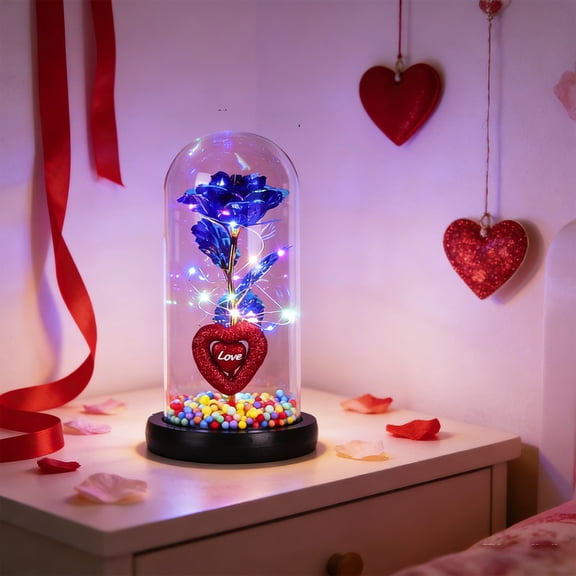 Plastic Night Light 1Pcs Heart Shaped Night Light with Preserved Crystal Rose Inside Glass Dome Purple LED Glowing Decorative Gift for Valentines Day or Birthday 8.66x4.52" JASKFLY