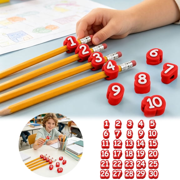 Plastic Number Pencil Markers, 1-30 Digital Pencil Identifier Tags, Colorful Pencil Labels for Classroom Student Desk Organization Kindergarten Teacher Supplies 1.5CM