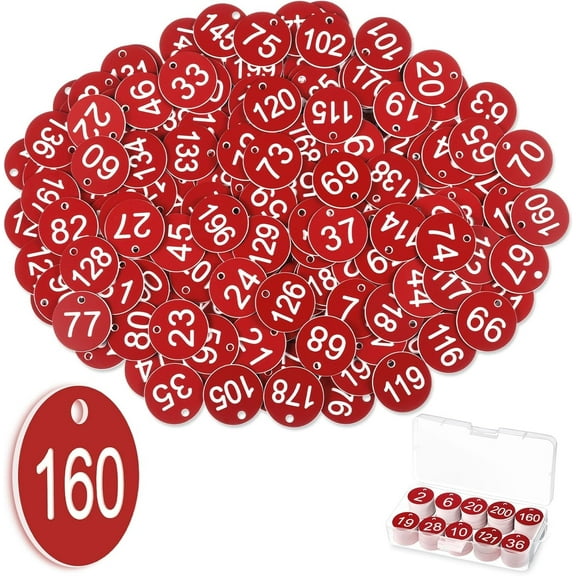 Plastic Number Plates, Boriyuan 1-200 Engraved Numbered ID Tags, 1.38in Number Tags with Hole, Round Numbered Marking Identification Tags for Hotels Gym Pet Cabinet Plant Coding Tag (Red)