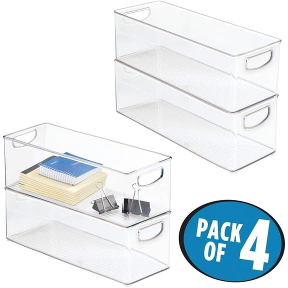 Plastic Office Supply Organizer - Storage Holder Bin with Handles for Desk Drawer, Cabinet - Pencil, Pen, Envelope and Supplies Container Basket - Ligne Collection - 4 Pack - Clear
