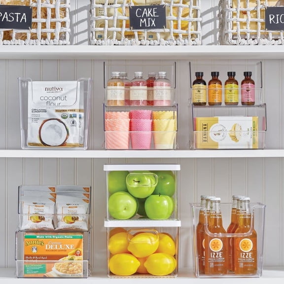 Plastic Open Front Food Storage Bin for Kitchen Cabinet, Pantry, Shelf, Fridge/Freezer - Organizer for Fruit, Potatoes, Onions, Drinks, Snacks, Pasta - 5" Tall - 4 Pack - Clear