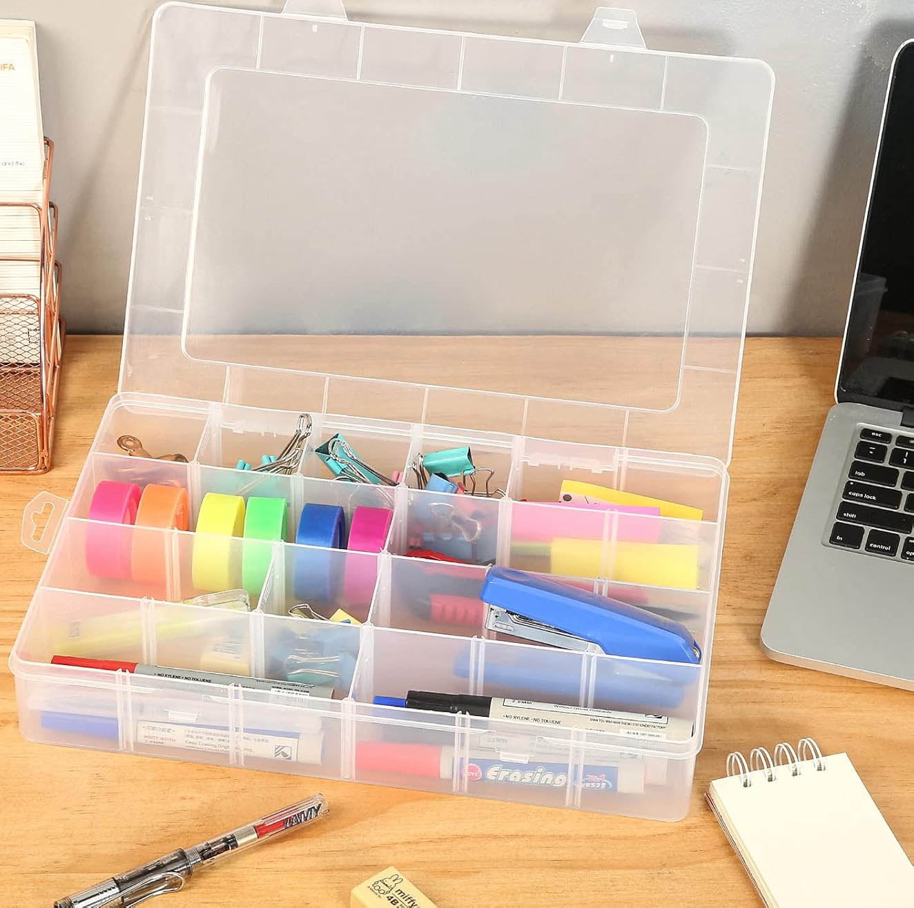 Plastic Organizer Box with Adjustable Dividers, Clear Storage Box for Jewelry, Art DIY Crafts, Washi Tapes, Beads and Small Parts