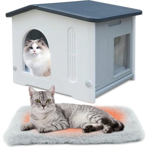 Plastic Outdoor Cat House with Escape Door Waterproof Cat Shelters for Feral Cats Indoor Cat House with Mat Sturdy Cat House for Outdoor Cats Assemble EasilyGrey