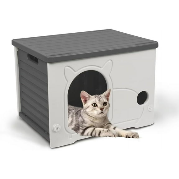 Plastic Outdoor Cat House Waterproof Feral Cat Shelter(Gray)