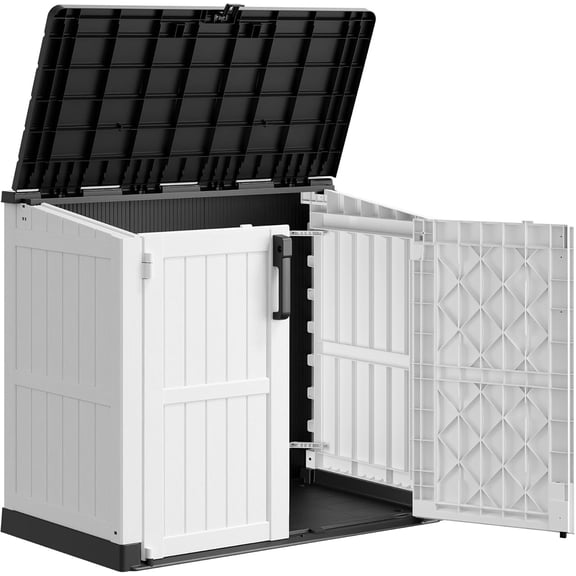 Plastic Outdoor Storage Shed, 36 Cu Ft Waterproof Outdoor Storage Cabinet with Dual Lock Door for Backyard, Patio, Garage, Garden to Store Tools & Accessories, Wood-Grain(Light Grey