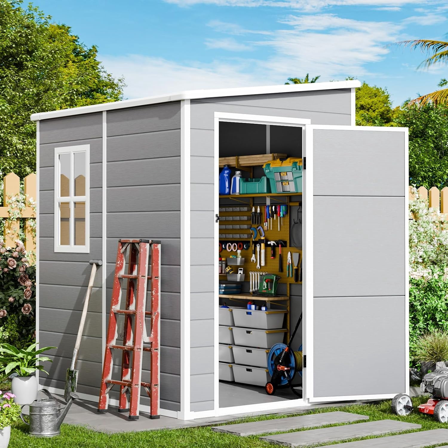 5x3 FT Plastic Storage Shed – Waterproof Outdoor Tool House With Floor, Lockable Door, And Window – Ideal For Garden, Lawn, Or Backyard