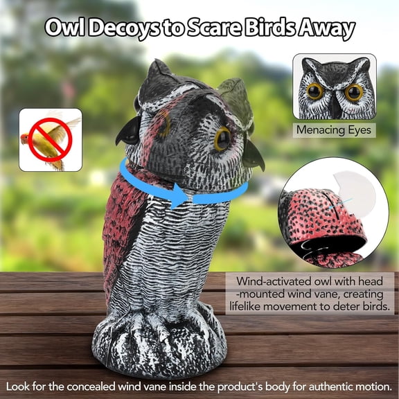 Plastic Owl Statue Decoy to Scare Birds - Weatherproof Outdoor Bird Owl with Rotating Rod for Yard, Pool & Patio, Bird Control Device$$Garden & Patio