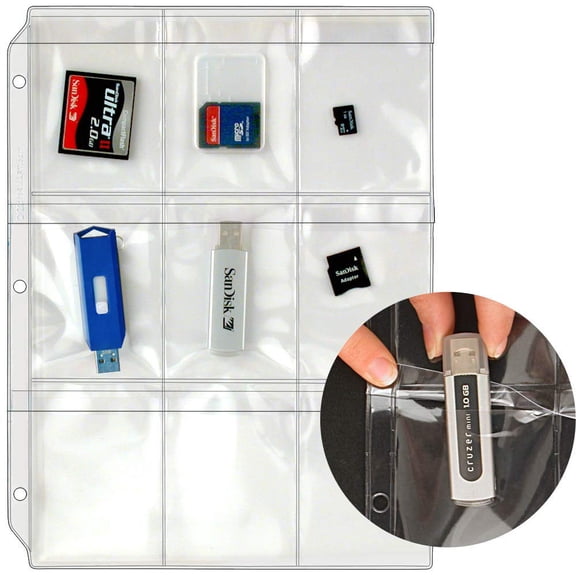 Plastic Pages for Memory Cards SD Flash Drives, Top Load with Secure Flaps, Fits 3 Ring Binders, 20 Pack Clear Vinyl Holders