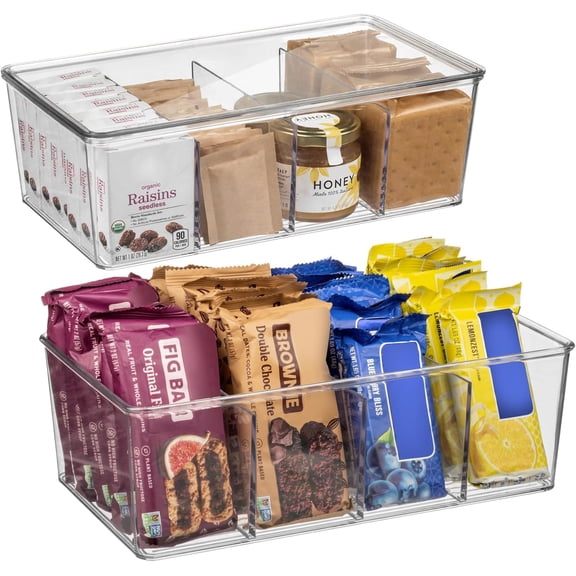 Plastic Pantry Organization and Storage Bins with Dividers & Lids – Perfect Kitchen Organization or Kitchen Storage – Fridge Organizer, Refrigerator Bins, Cabinet Organizers, 4 Pack