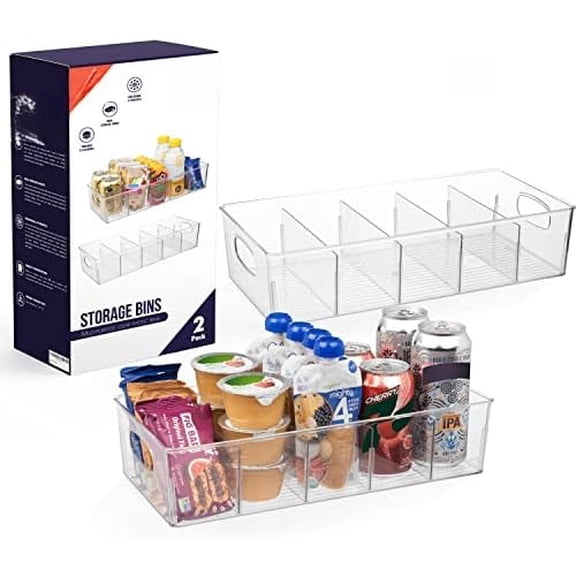 Plastic Pantry Organization and Storage Bins with Removable Dividers – XL Perfect Kitchen / Refrigerator/ Cabinet Organizers, 2 Pack