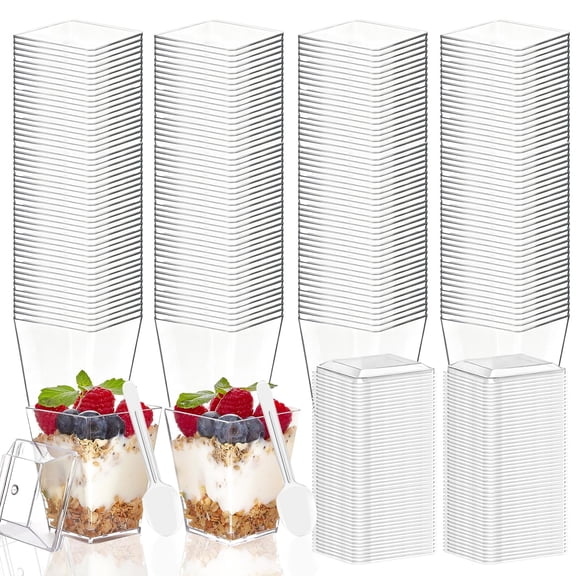 Plastic Party Cups, 150Ml Clear Disposable Cups for Appetizer and Dessert Bars, 50 Set Plastic Clear Cups with Included Individual Spoons, Tapered Square Plastic Tumblers for