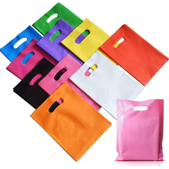 Plastic Party Favor Small Gift Bags, 100 PCS 6" x 8" Goodie Bags for Kids, Candy Treat Pouches Bulk with Handle for Kids' Birthday Party, Thanksgiving, Christmas, Halloween, 10 Colors