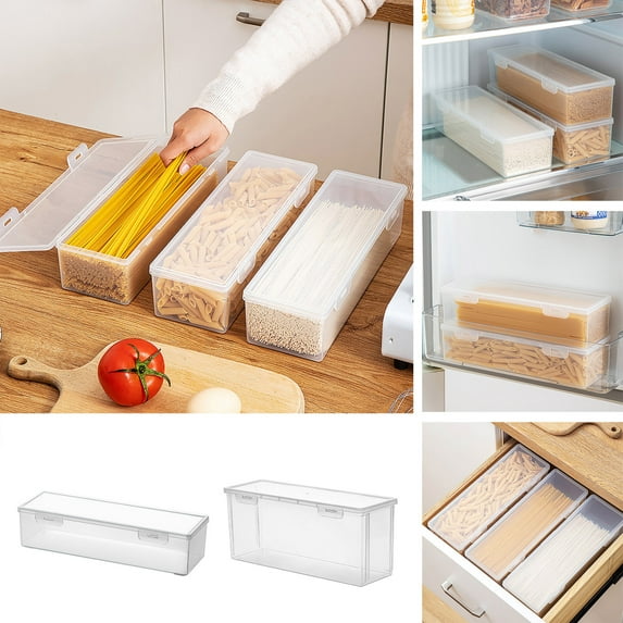 Plastic Pasta Containers for Pantry, Clear Rectangle Spaghetti Storage Box with Lid, Seal Snap Design, Kitchen Cereal Storage Container, Refrigerator Organizer Containers