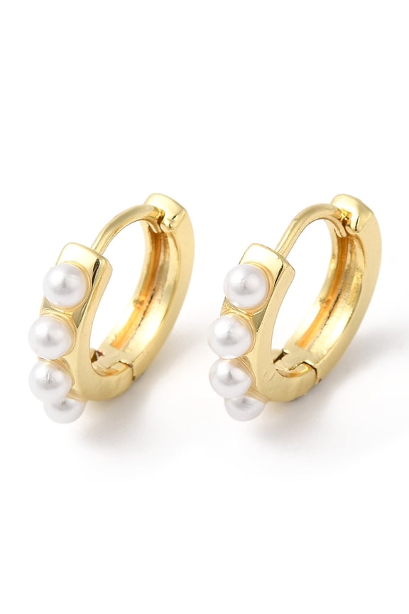 Plastic Pearl Beaded Hoop Earrings Rack Plating Brass Jewelry Lead Free & Cadmium Free Real 18K Gold Plated 14x17x3.5mm Pin: 1mm
