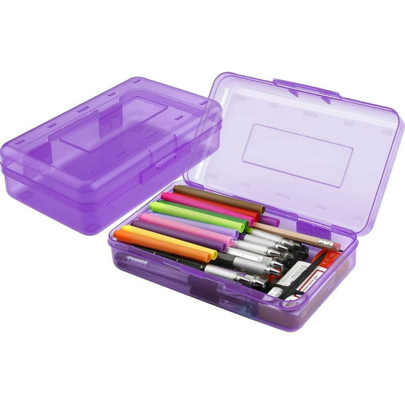 Plastic Pencil Box, Clear Pencil Box, Large Plastic Pencil Case Crayon Box, Colored Hard Pencil Case Organizer, Maker Organizer with Lid, Small Art Craft Storage Containers Pen Box, Purple