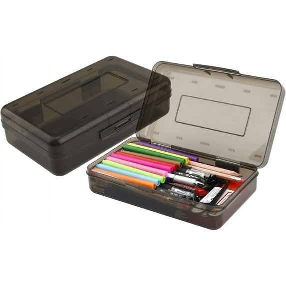 Plastic Pencil Box, Clear Pencil Box, Large Plastic Pencil Case Crayon Box, Colored Hard Pencil Case Organizer, Maker Organizer with Lid, Small Art Craft Storage Containers Pen Box, Gray