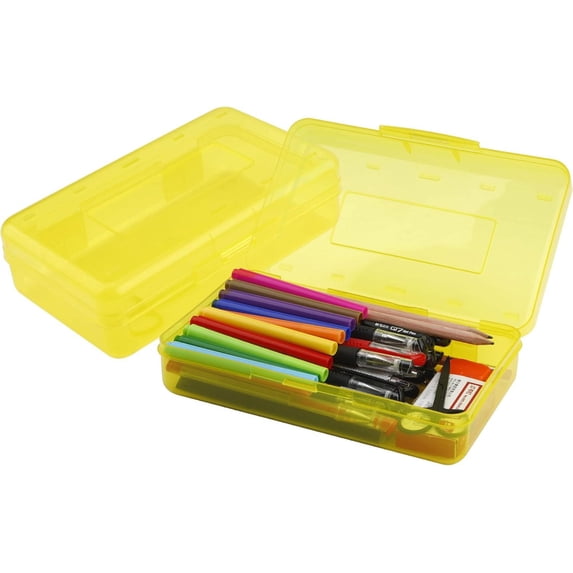 Plastic Pencil Box, Clear Pencil Box, Large Plastic Pencil Case Crayon Box, Colored Hard Pencil Case Organizer, Maker Organizer with Lid, Small Art Craft Storage Containers Pen Box, Yellow