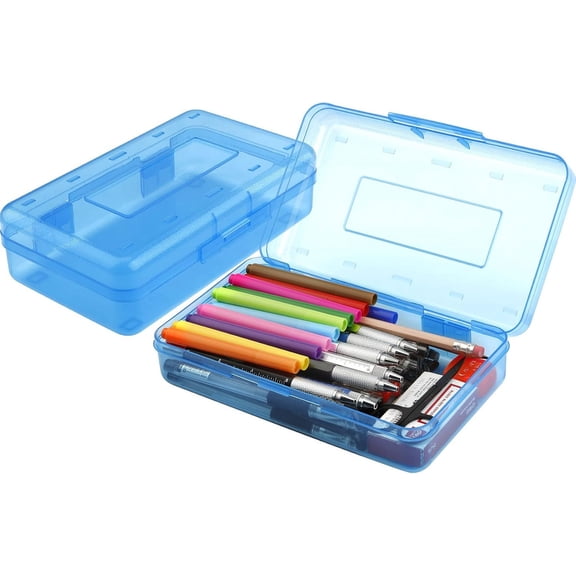 Plastic Pencil Box, Clear Pencil Box, Large Plastic Pencil Case Crayon Box, Colored Hard Pencil Case Organizer, Maker Organizer with Lid, Small Art Craft Storage Containers Pen Box, Blue