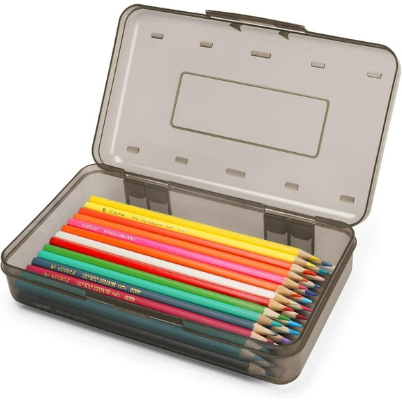 Plastic Pencil Box, Large Capacity Clear Pencil Case, 1 Pack Hard Pencil Case, Clear Crayon Box with Snap-tight Lid Stackable Design, Plastic Storage Box for Office Supplies, Gray
