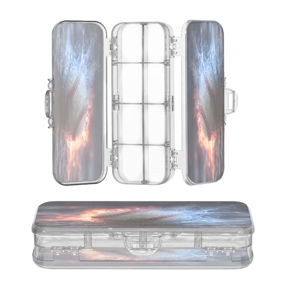 Plastic Pencil Box Large Capacity Pencil Boxes Clear Boxes with Snap-Tight Lid Stylish Office Supplies Storage Organizer Box Baseball with Water and Fire
