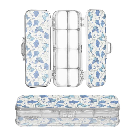 Plastic Pencil Box Large Capacity Pencil Boxes Clear Boxes with Snap-Tight Lid Stylish Office Supplies Storage Organizer Box Blue Butterfly and Flower