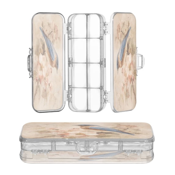Plastic Pencil Box Large Capacity Pencil Boxes Clear Boxes with Snap-Tight Lid Stylish Office Supplies Storage Organizer Box Bluebird and Ancient Flowers