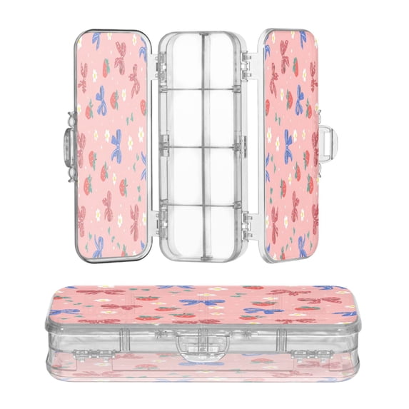 Plastic Pencil Box Large Capacity Pencil Boxes Clear Boxes with Snap-Tight Lid Stylish Office Supplies Storage Organizer Box Bows and Strawberries Pattern