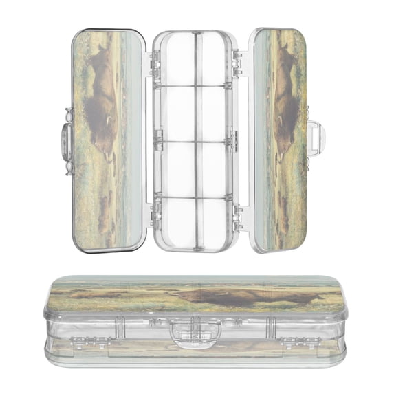 Plastic Pencil Box Large Capacity Pencil Boxes Clear Boxes with Snap-Tight Lid Stylish Office Supplies Storage Organizer Box Buffalo Herd Oil Painting