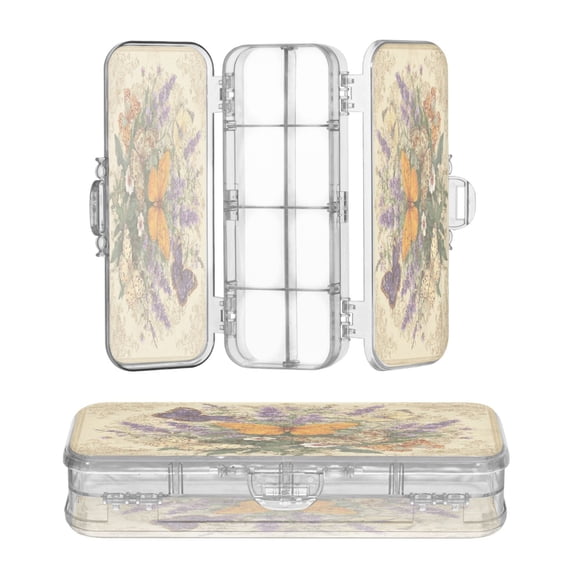 Plastic Pencil Box Large Capacity Pencil Boxes Clear Boxes with Snap-Tight Lid Stylish Office Supplies Storage Organizer Box Butterflies and Lavender Pattern