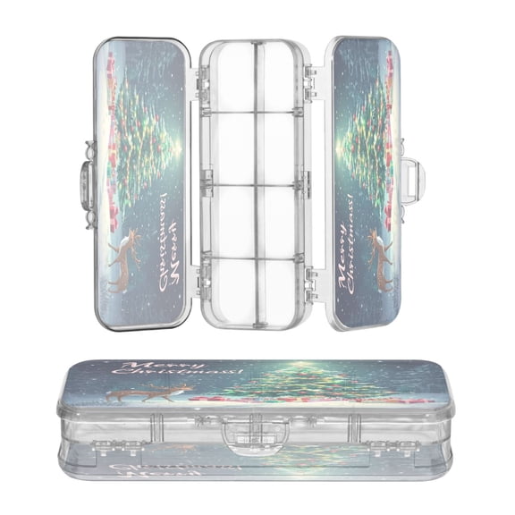 Plastic Pencil Box Large Capacity Pencil Boxes Clear Boxes with Snap-Tight Lid Stylish Office Supplies Storage Organizer Box Christmas Rree Decorated with Colored Lights