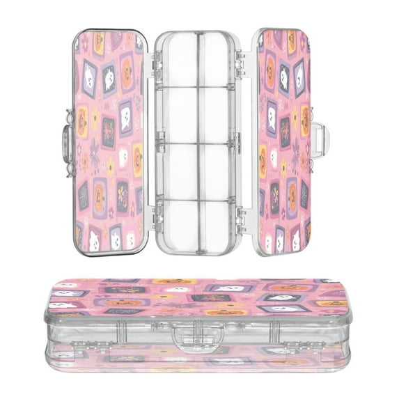 Plastic Pencil Box Large Capacity Pencil Boxes Clear Boxes with Snap-Tight Lid Stylish Office Supplies Storage Organizer Box Colorful Cartoon Halloween Icons